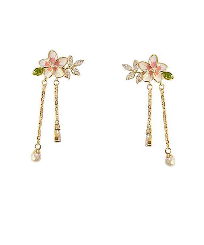 Gold Alloy Zircon Pearl Dripping Glaze Tassel Drop Earrings