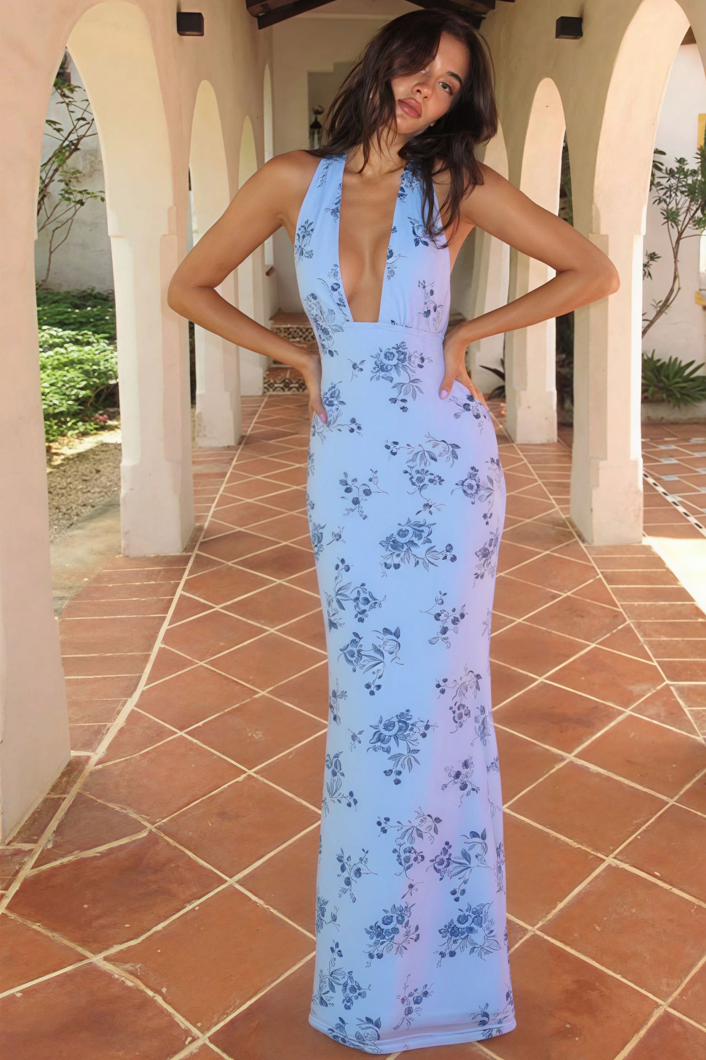 Print Deep V Backless Tie Fitted Maxi Dress