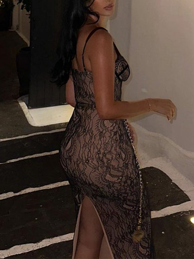 Lace Paneled Suspender Slim Maxi Dress With Belt