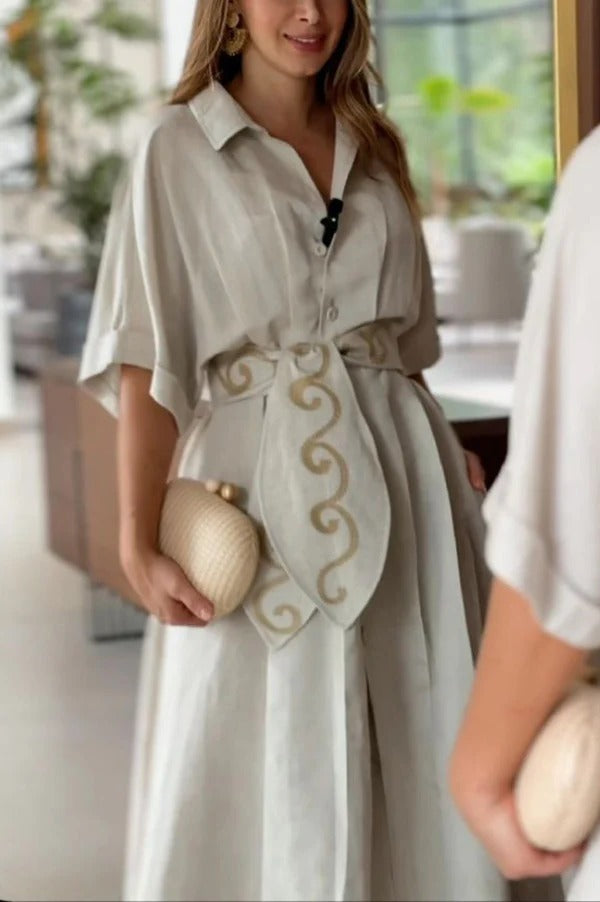 Color Lapel Pocket Pattern Lace-up Loose Maxi Dress