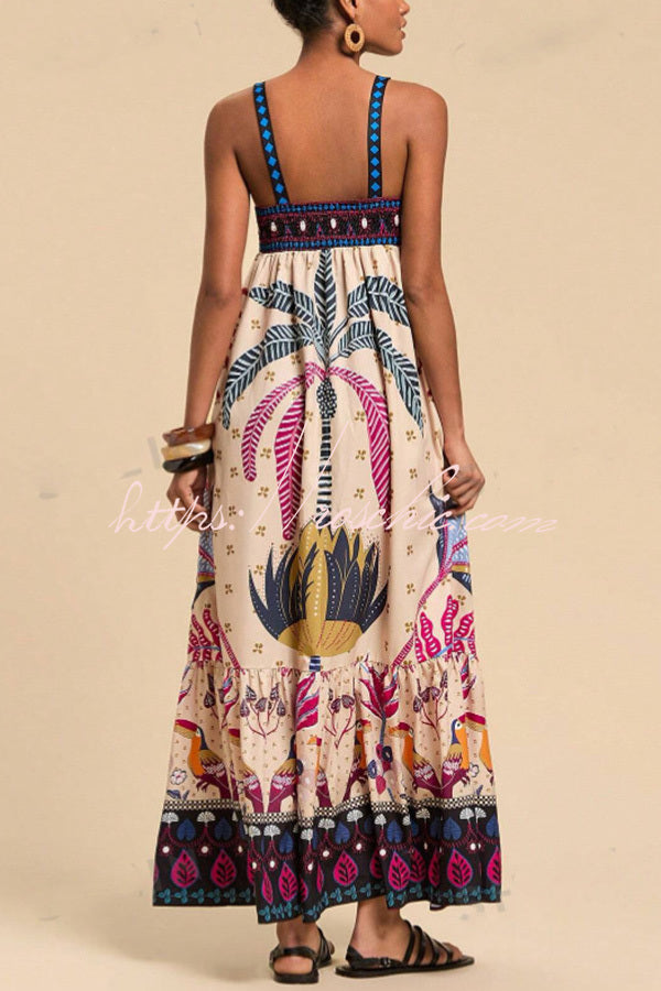 Tropical Print Backless Resort Maxi Dress