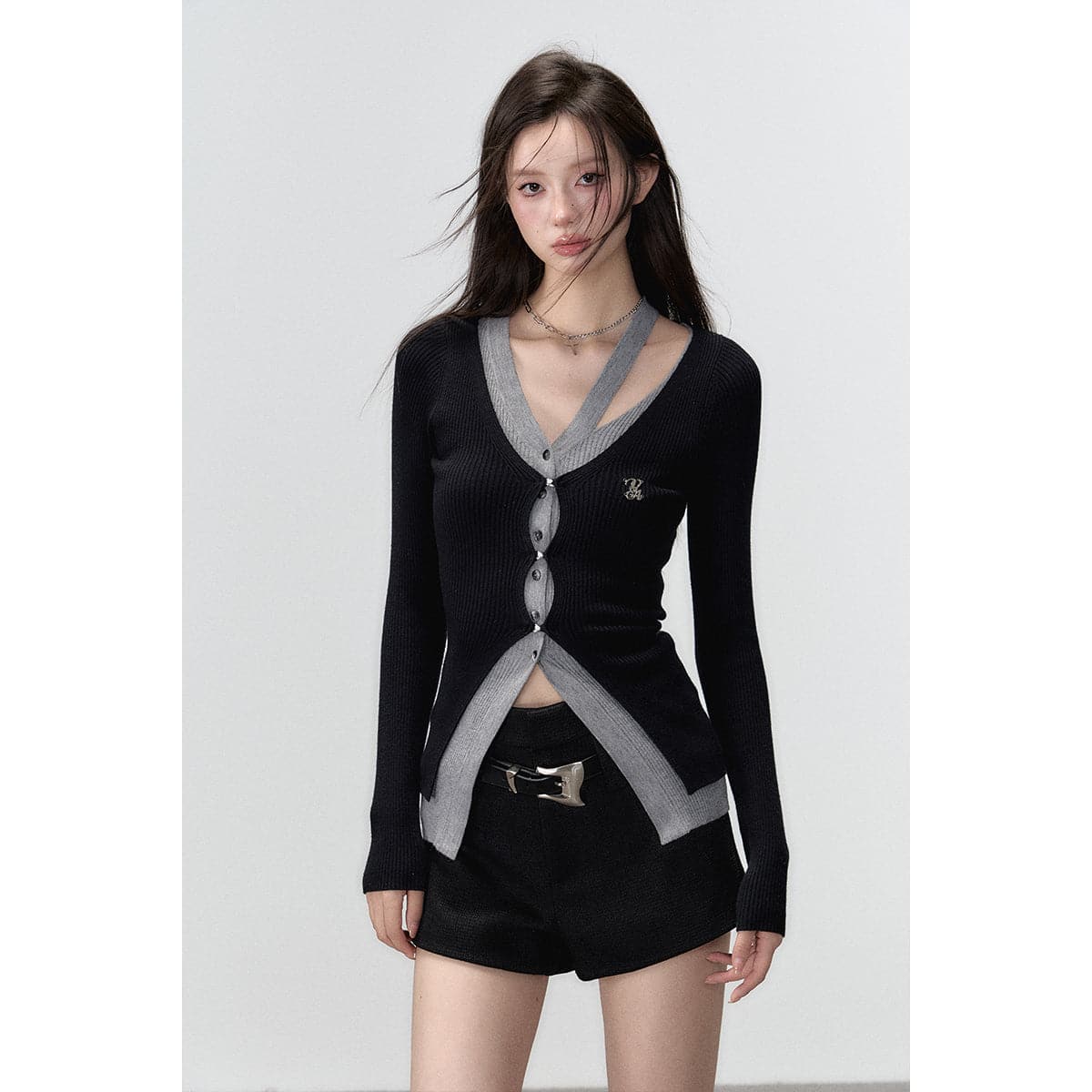 Black Knit Long Cardigan With Hollow Out Design