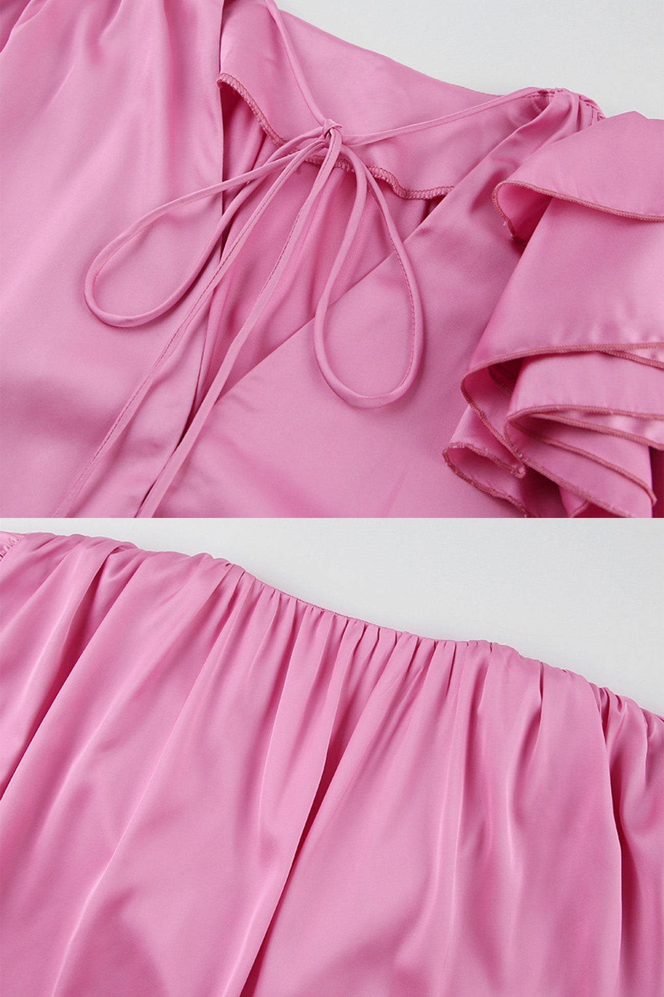 Pink V Neck Ruched Lace-up Blouse