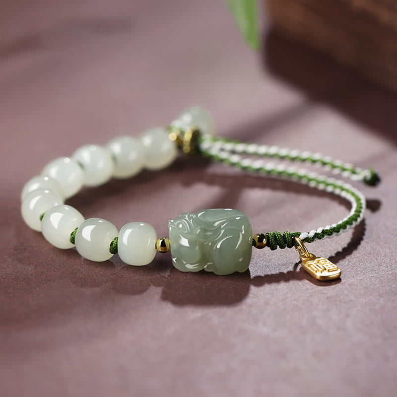 Buddha Stones Natural Hetian Jade Pixiu Luck Fu Character String Bracelet