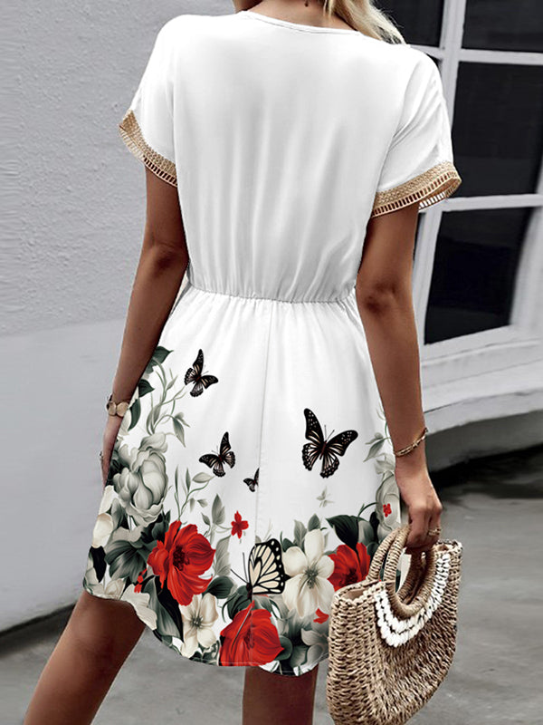 A-line Loose Butterfly Print Elasticity Hollow Split-joint Tasseled Tied Waist V-neck Mini Dresses