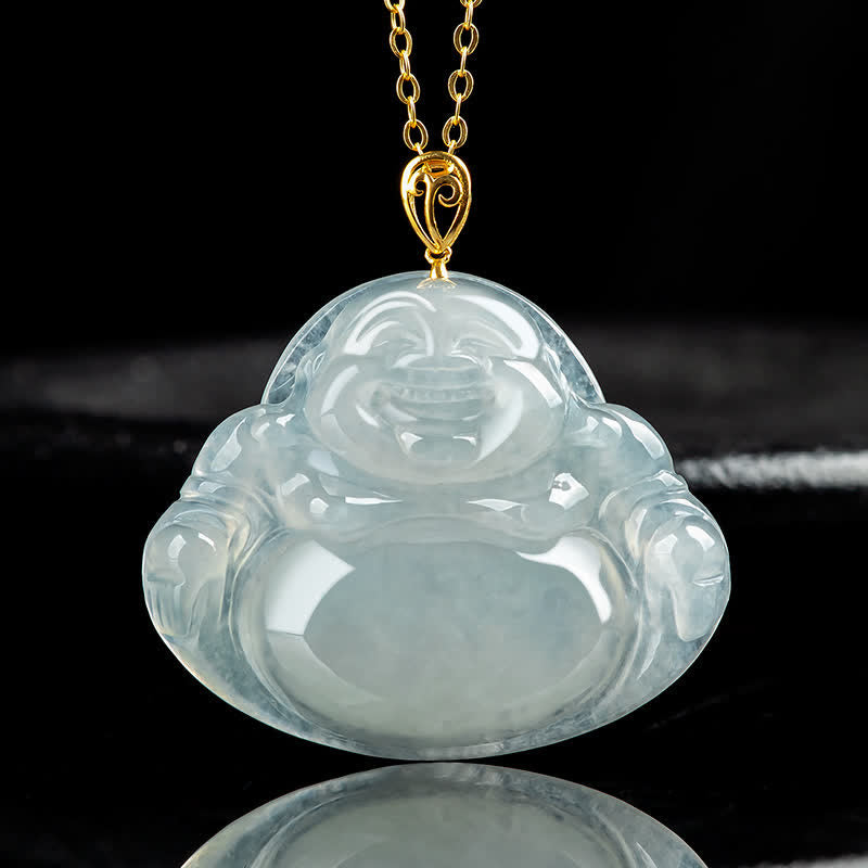 Buddha Stones Laughing Buddha Natural Jade Abundance Titanium Steel Chain Necklace Pendant