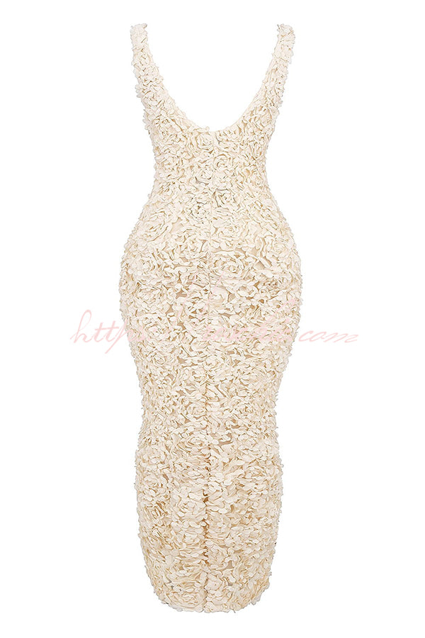 Champagne Party Rose Applique Slit Pencil Maxi Dress