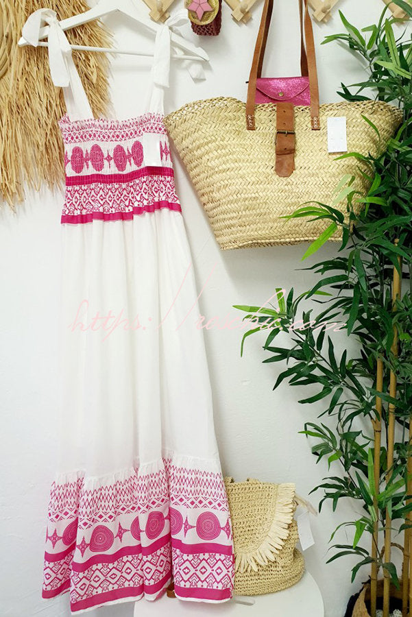 Malibu Villa Printed Smocked Shoulder Tie Maxi Dress