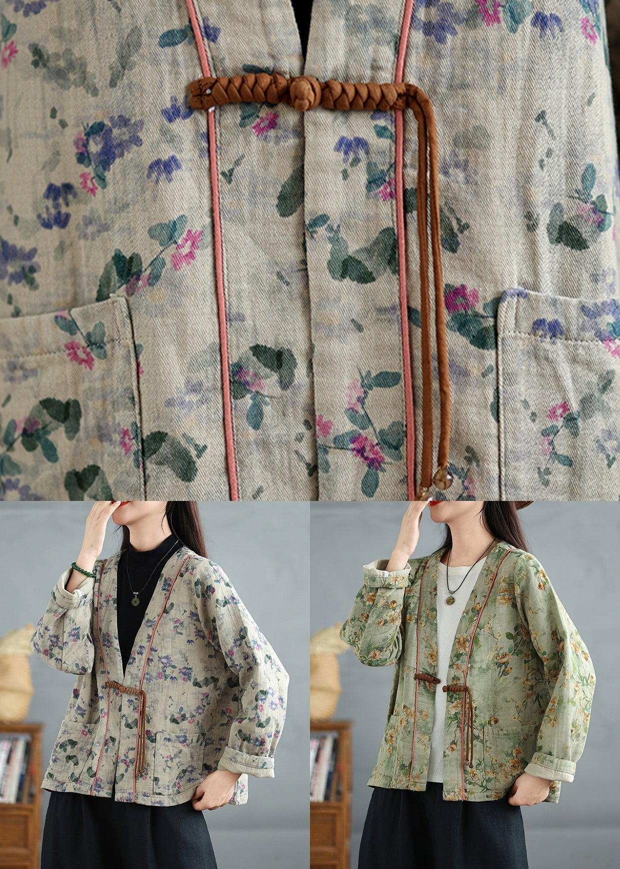 Apricot Print Pockets Cotton Fall Coats V Neck Qg041