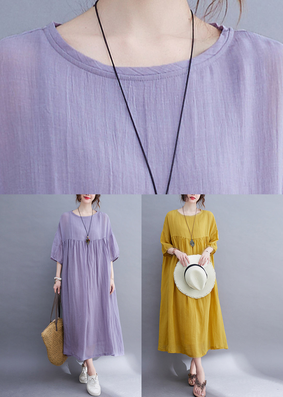 Yellow O-neck Wrinkled Maxi Dress Half Sleeve Uu017