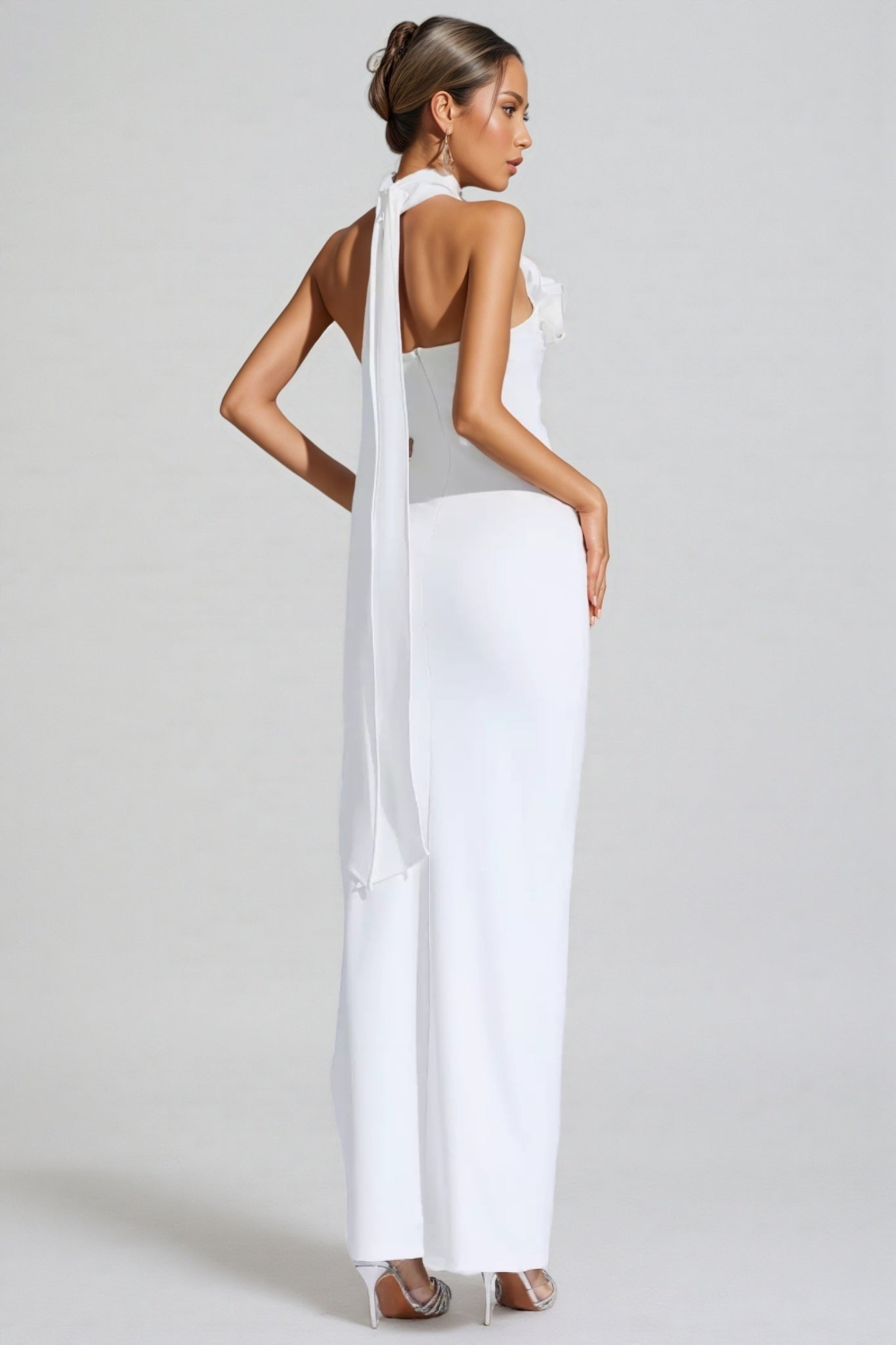 Hilia White Ruched Halter Maxi Dress