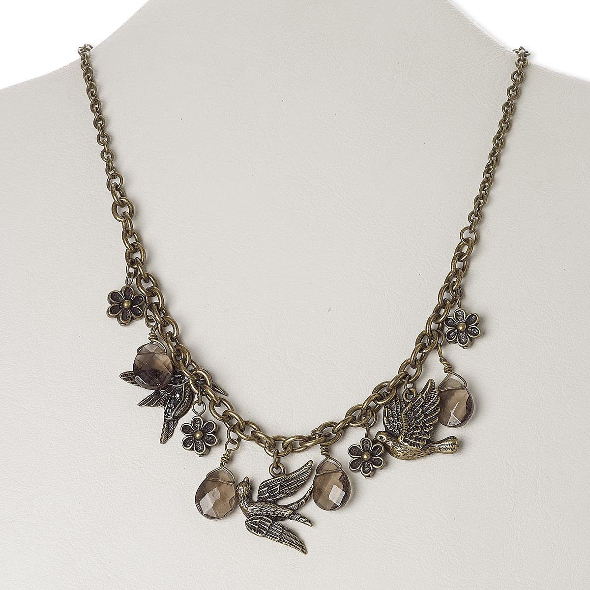 Antiqued Brass Bird Charms and Crystal Necklace