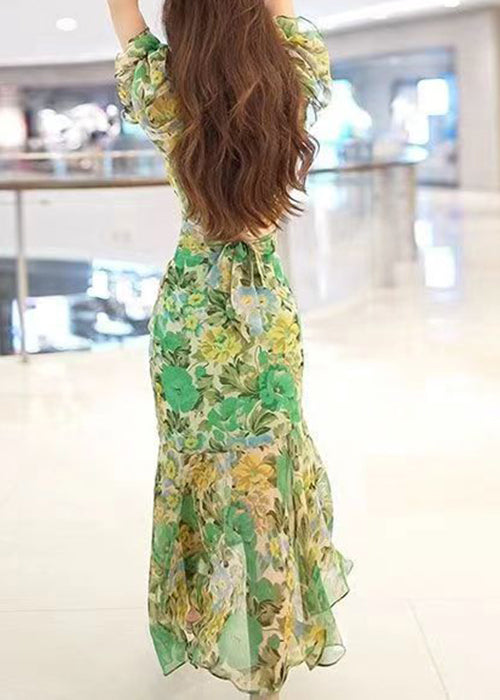 Green V Neck Print Patchwork Chiffon Long Dress Summer Xx051