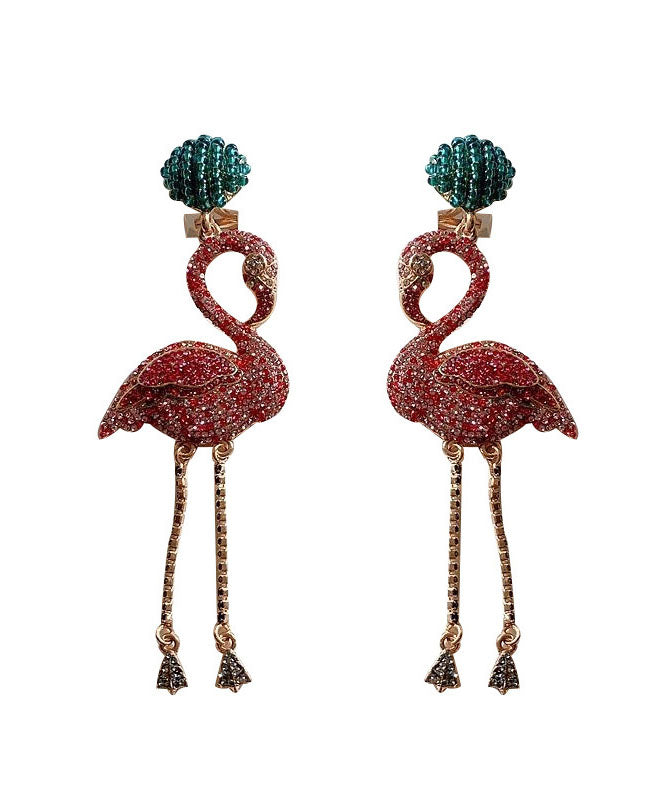 Pink Flamingo Zircon Tassel Silver Drop Earrings
