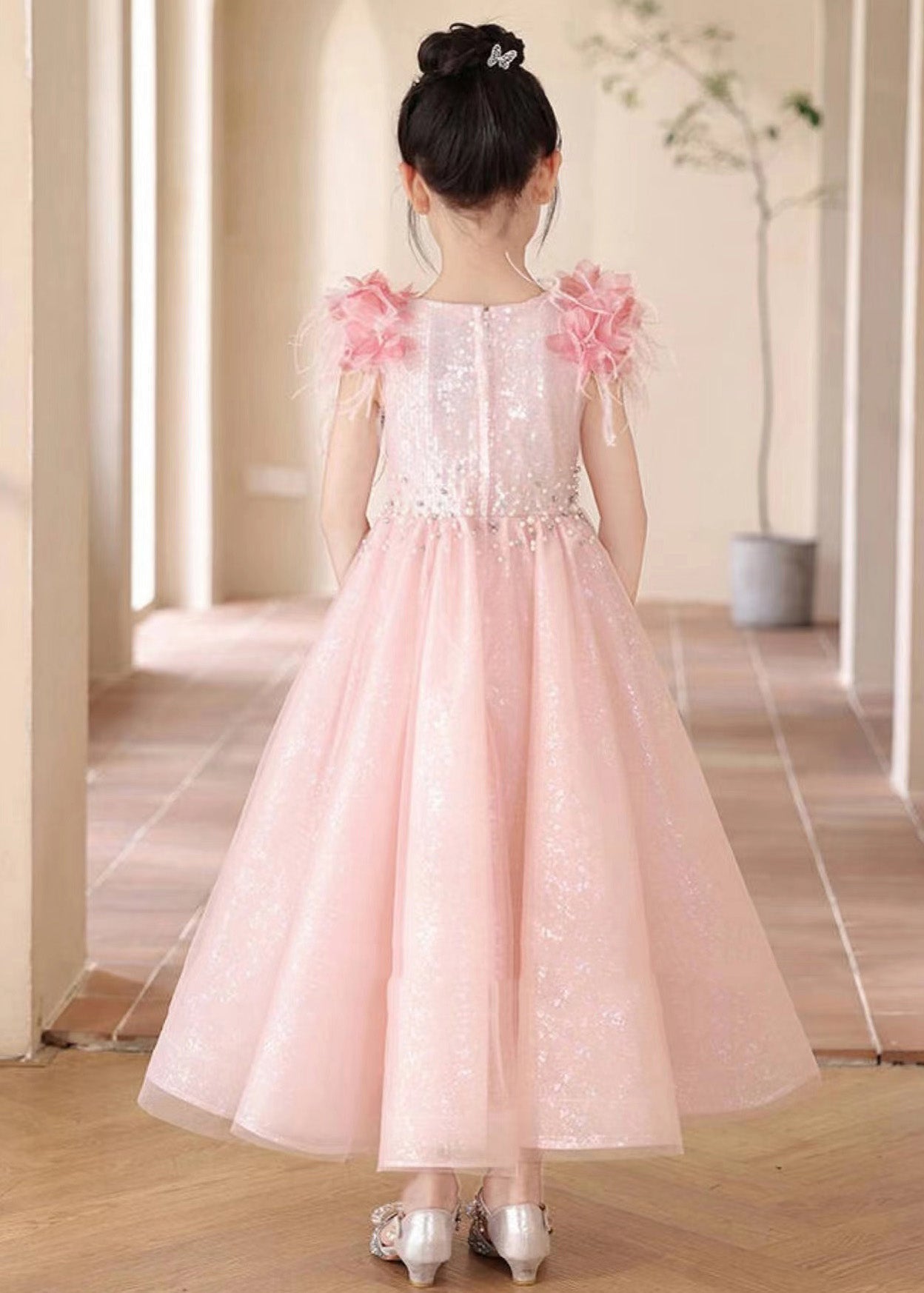 Pink Sequins Patchwork Tulle Maxi Dresses Summer Ye001