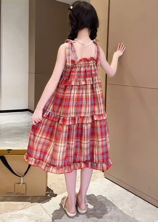 Red Slash Neck Ruffled Plaid Patchwork Slip Long Dress Summer Gf016