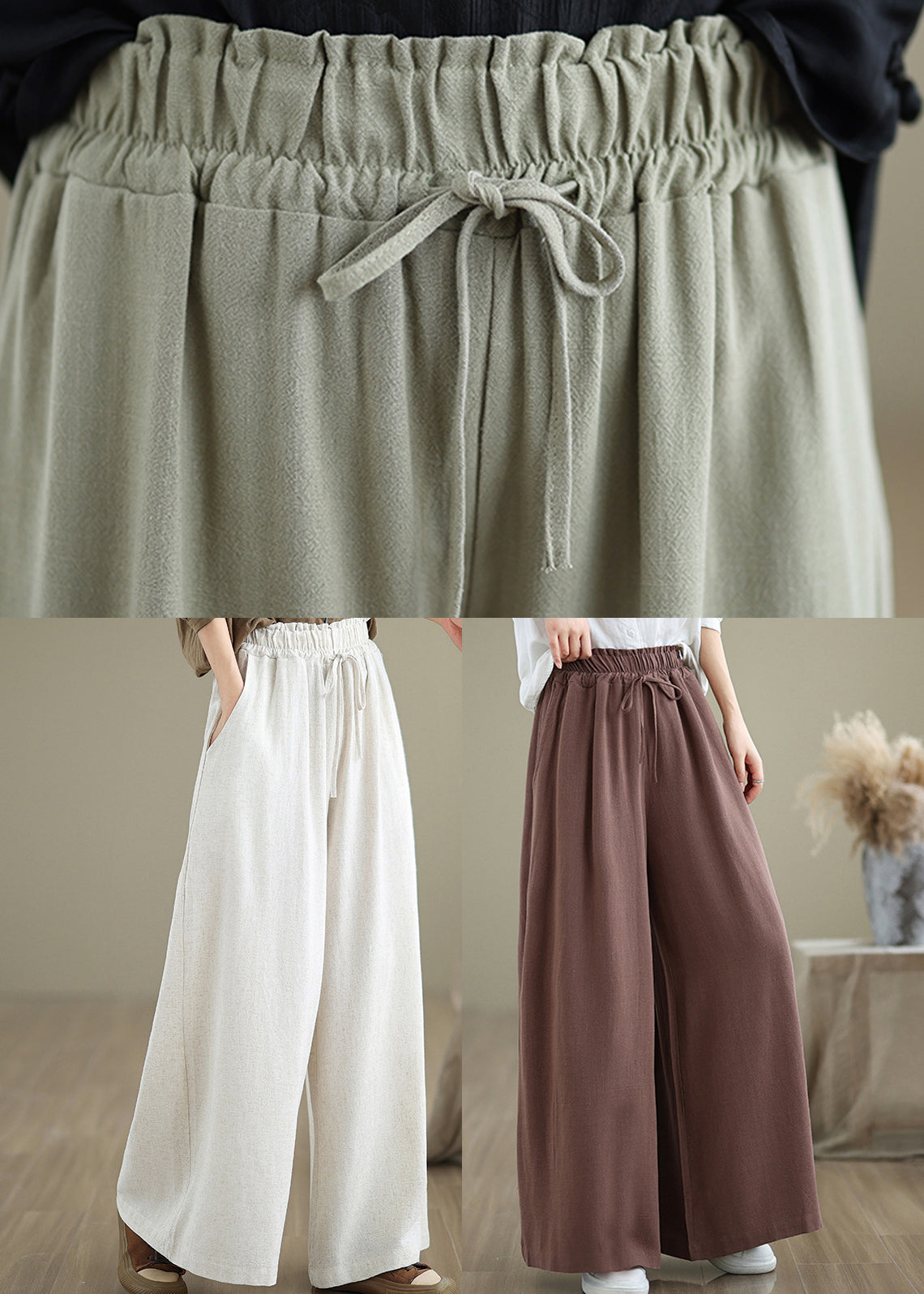 Coffee Pockets Drawstring Cotton Wide Leg Pants Fall Qo044