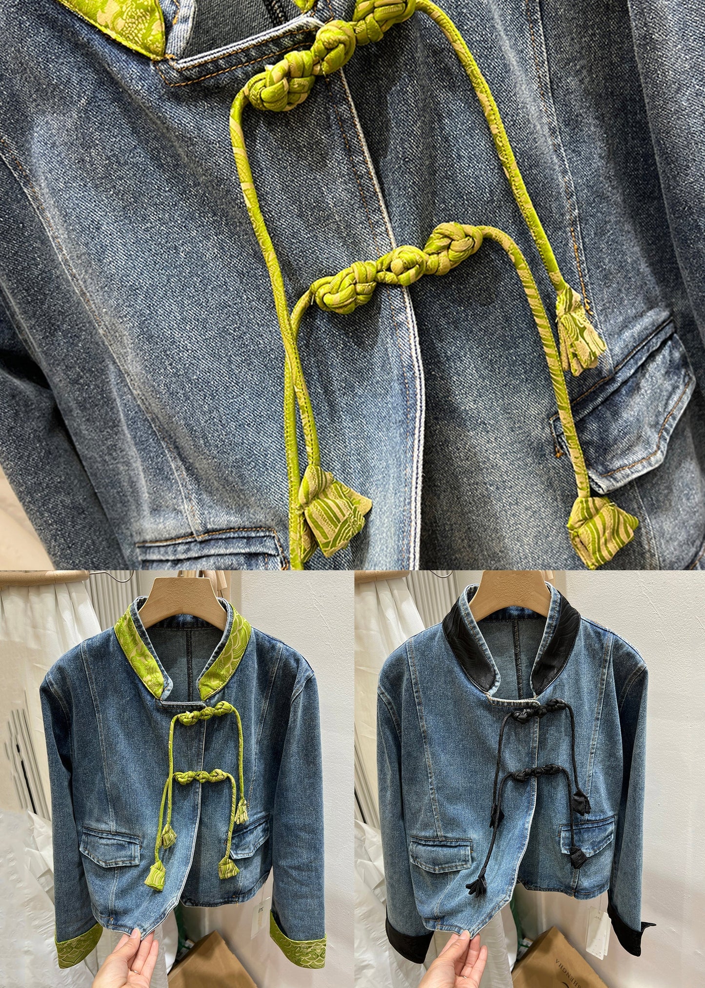 Green Stand Collar Chinese Button Denim Coat Spring Qa1082