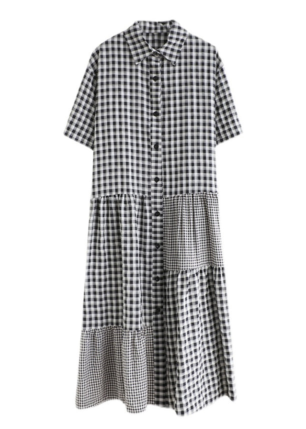 Black Patchwork Button Vacation Long Dresses Short Sleeve Ly0641