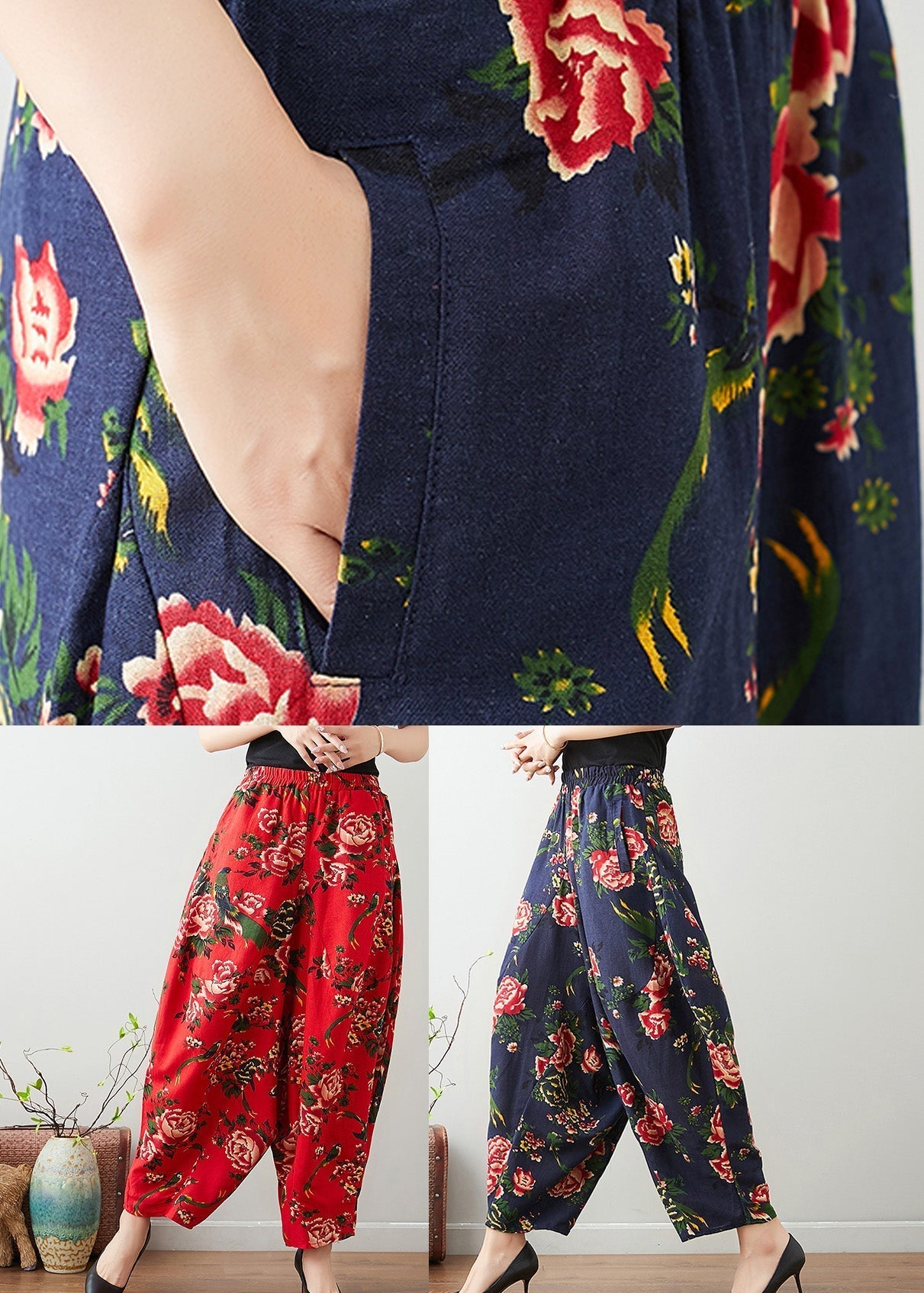 Blue Elastic Waist Lantern Pants Summer Tq1003