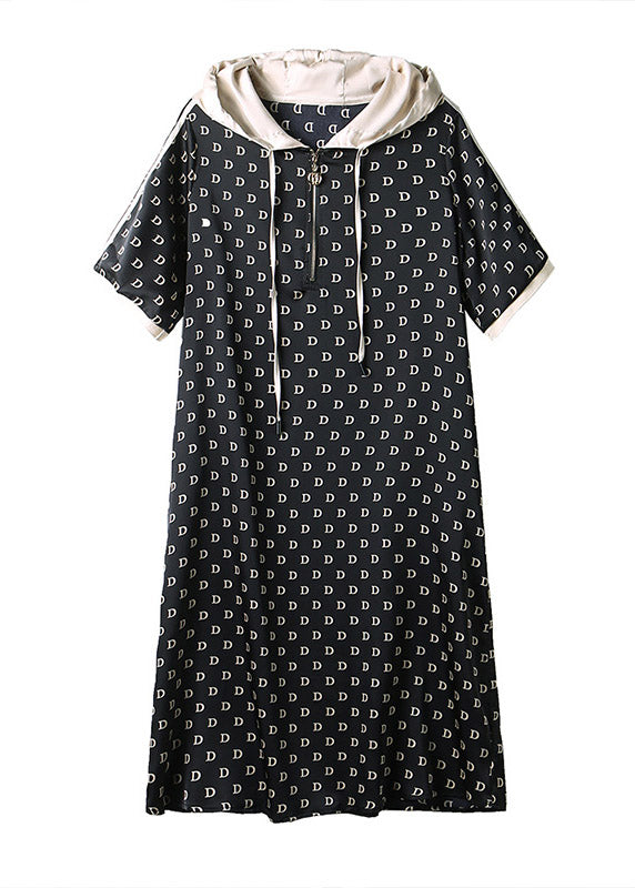 Black Graphic Print Patchwork Neck Tie Hooded Maxi Dresses Short Sleeve Ly1528