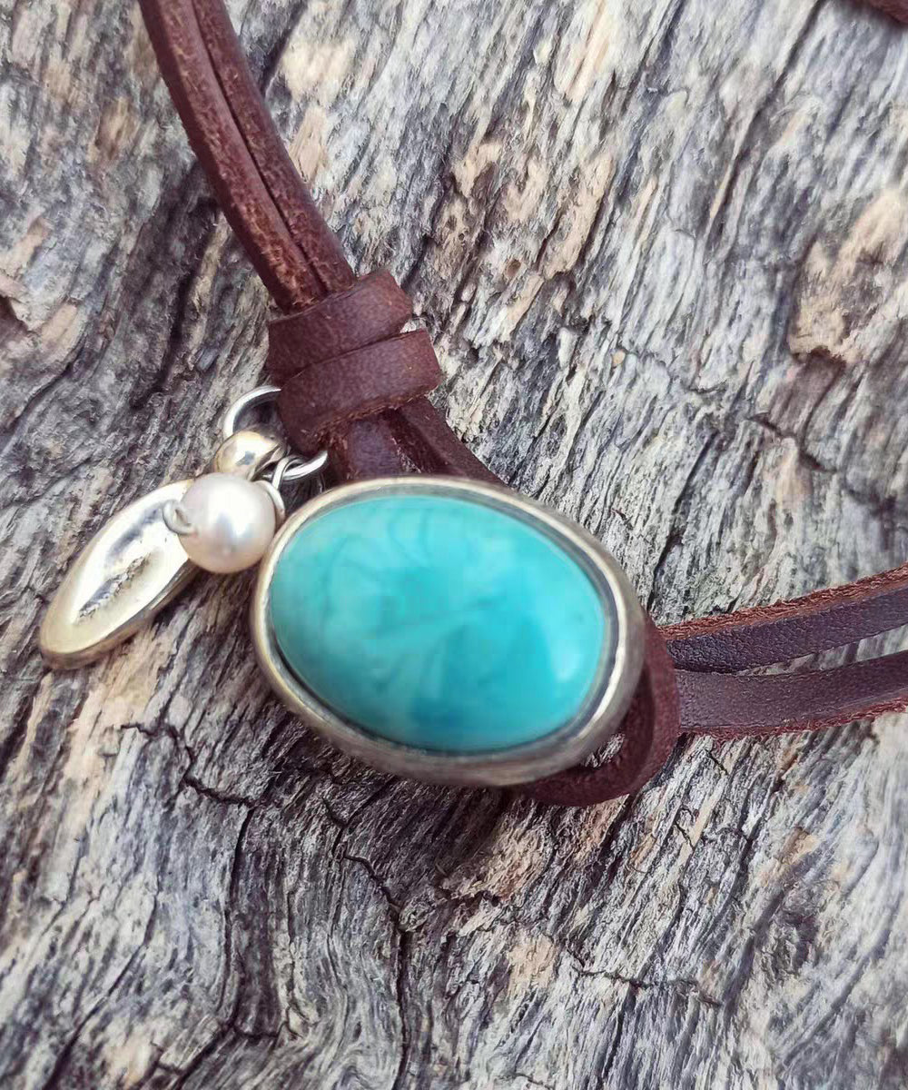 Brown Leather Turquoise Pearl Necklace