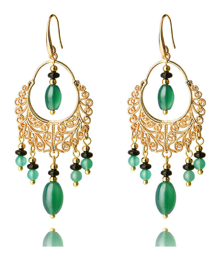 Green Agate Tassel 14k Gold Drop Earrings
