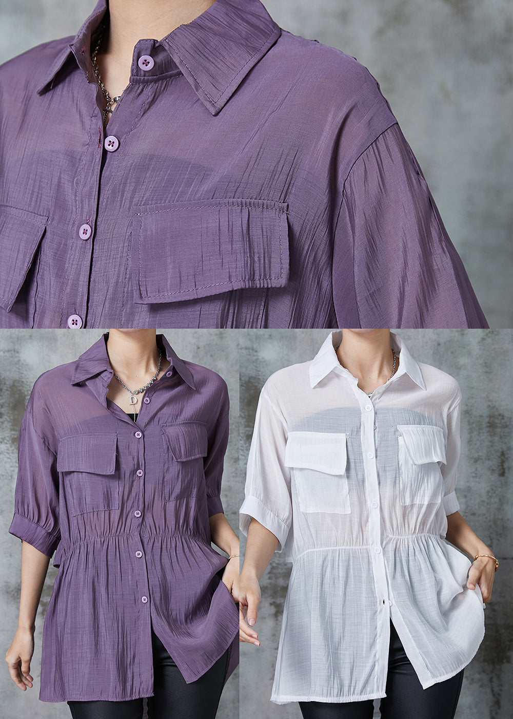 Purple Cinched Pockets Cotton Blouse Tops Summer Al1023
