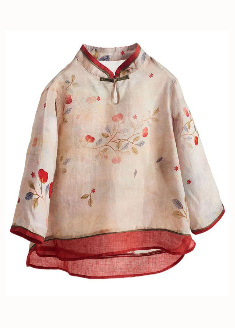 Boutique Apricot Stand Collar Print Linen Blouses Summer Ly1714