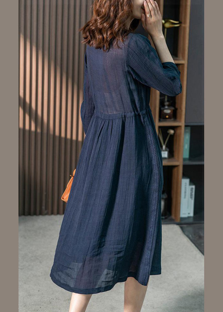 Brief Blue O-neck Lace Patchwork Tie Waist Linen Long Dresses Spring Ly1742