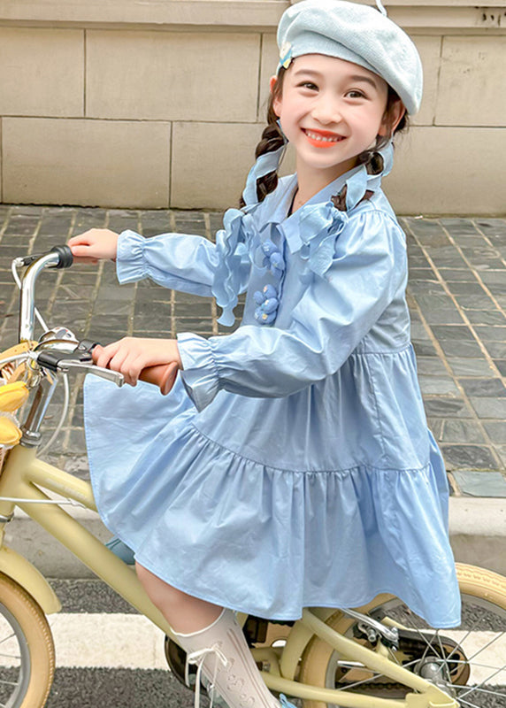 Brief Blue Peter Pan Collar Patchwork Button Maxi Dresses Long Sleeve Ye030