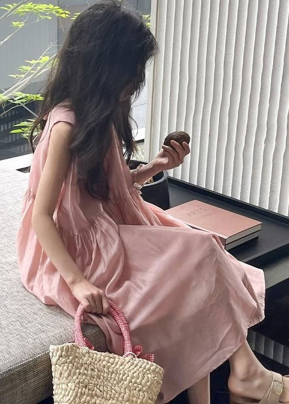 Brief Pink O-neck Patchwork Silk Kids Maxi Dresses Summer Gf009
