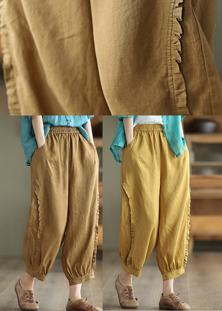 Brown Ruffled Elastic Waist Cozy Crop Pants Tq1051