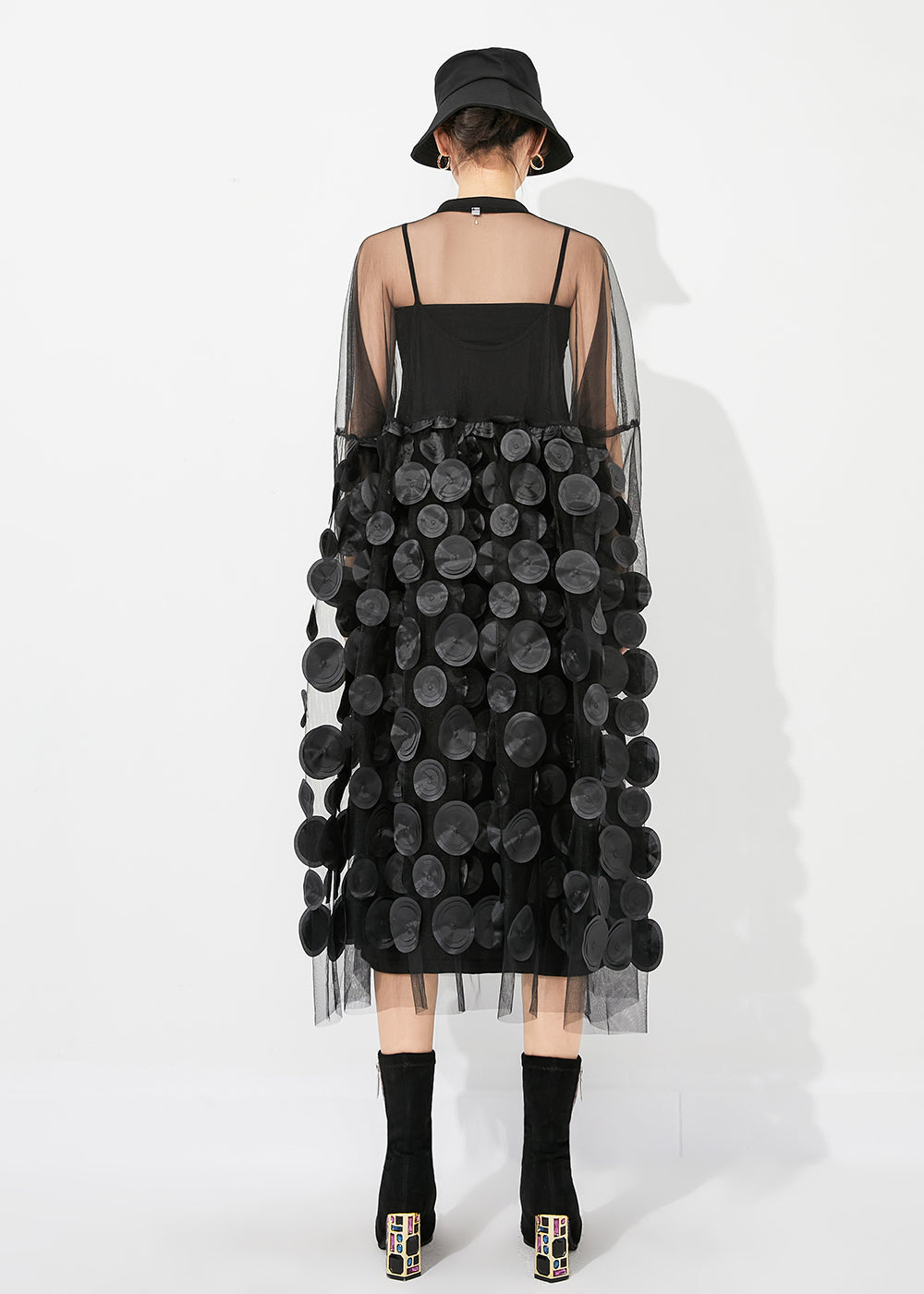 Black Oversized Patchwork Hollow Out Tulle Long Dress Summer Ly0883