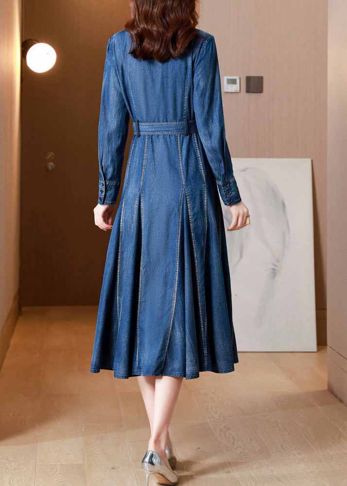 Blue V Neck Print Button Sashes Silk Denim Maxi Dresses Long Sleeve Ac2017