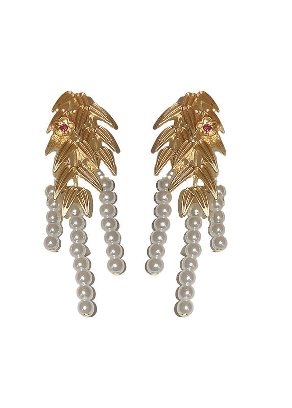 Gold Overgild Butterfly Pearl Leaf Tassel Drop Earrings