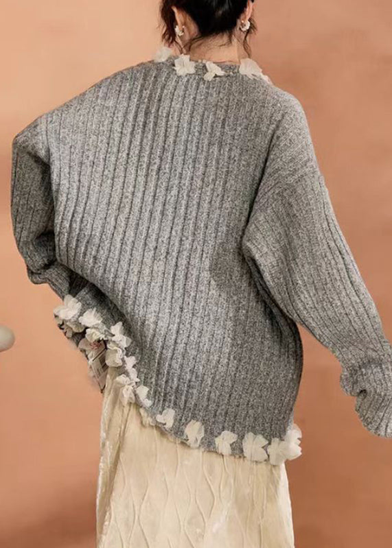 Grey Button Tulle Patchwork Cotton Knit Cardigan Winter Wn006