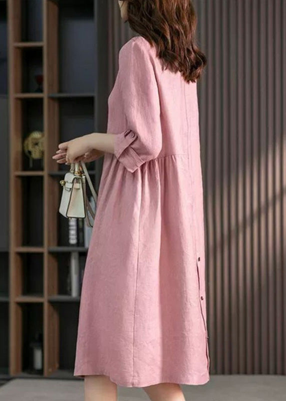 Pink Peter Pan Collar Button Wrinkled Maxi Dresses Long Sleeve Ly1739