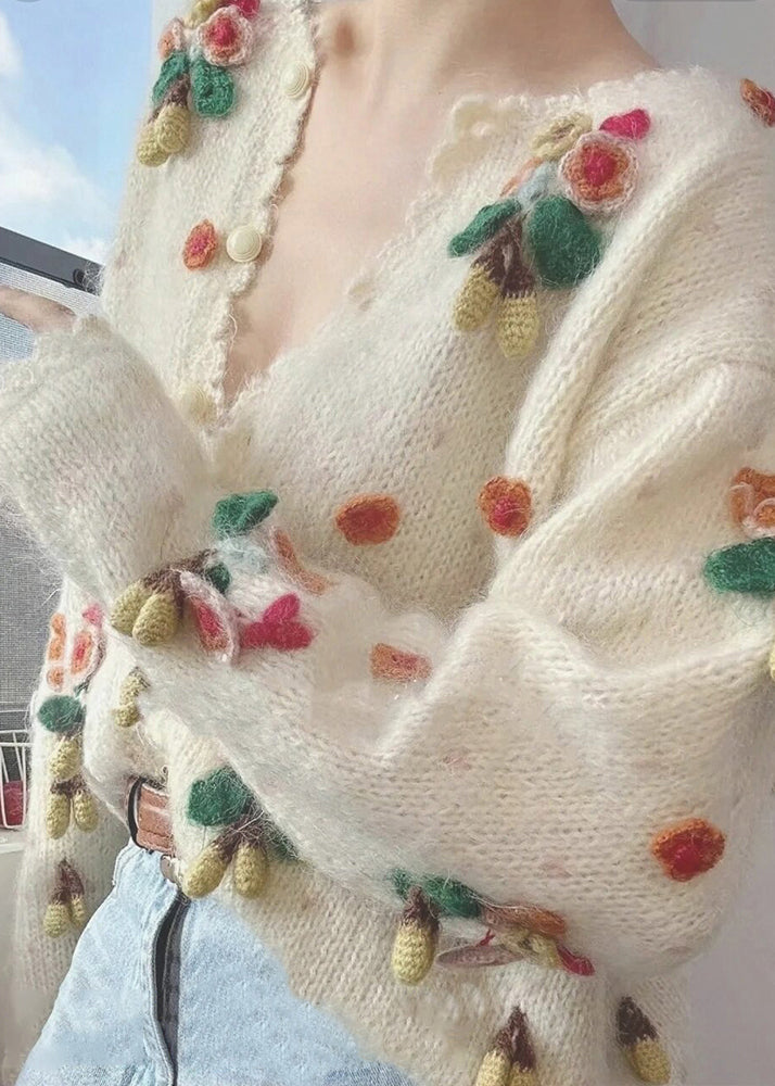 Beige V Neck Button Patchwork Knit Cardigan Winter Wx013