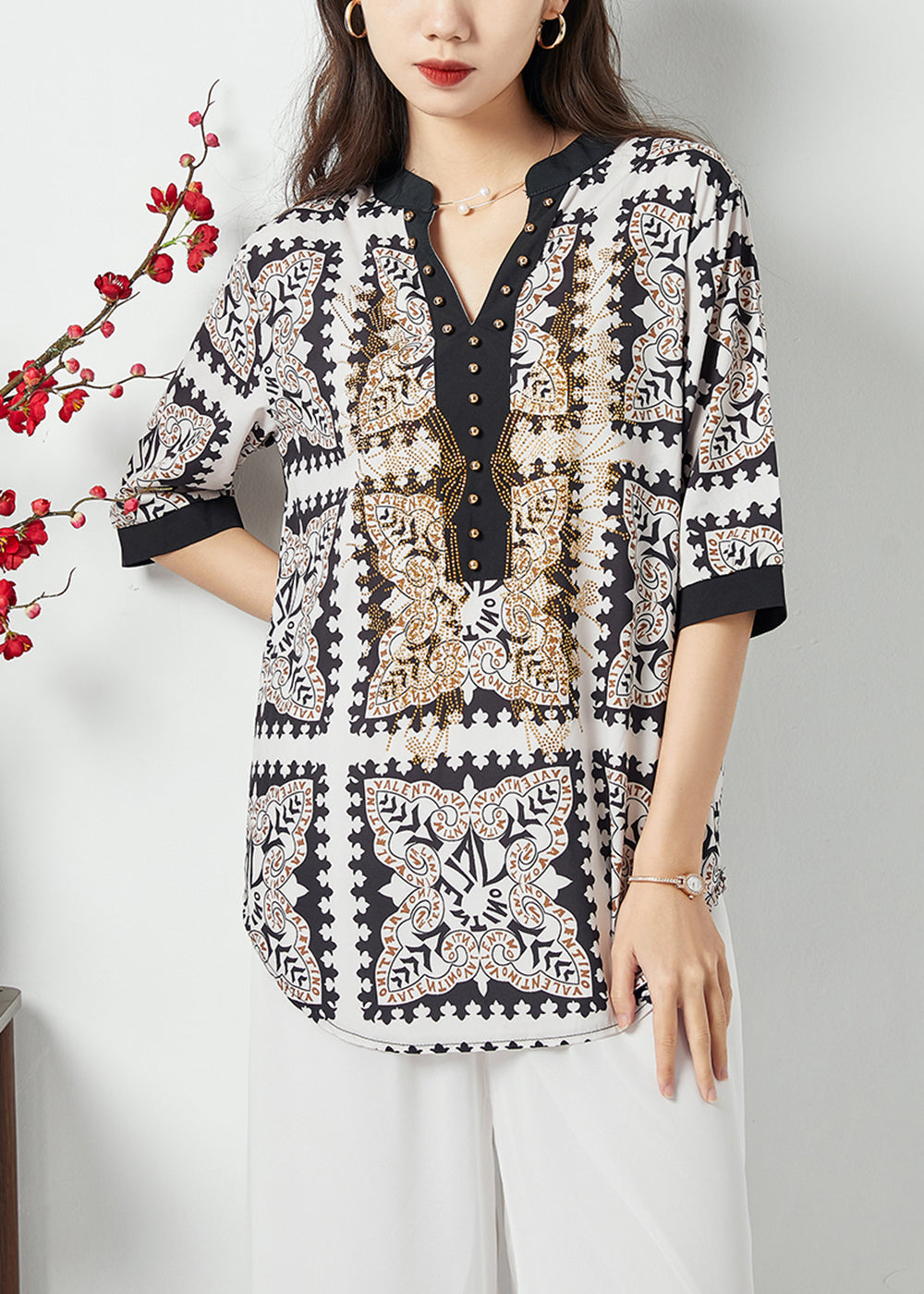 Black V Neck Print Draping Chiffon Blouses Summer Lc0400