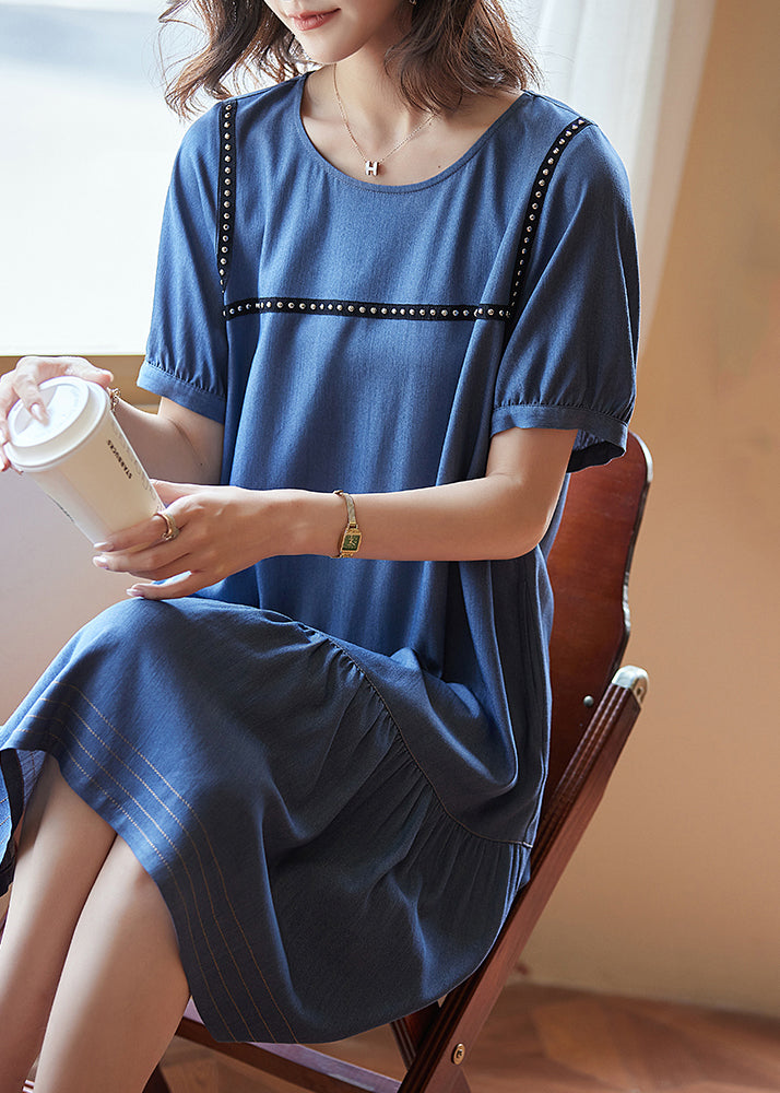 Blue Patchwork Rivet Holiday Long Dress Summer Ww050