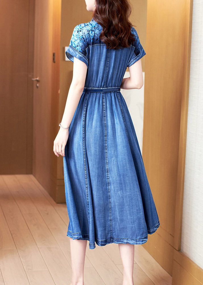 Blue Peter Pan Collar Print Patchwork Button Sashes Cotton Vacation Denim Long Dresses Summer Ac2034