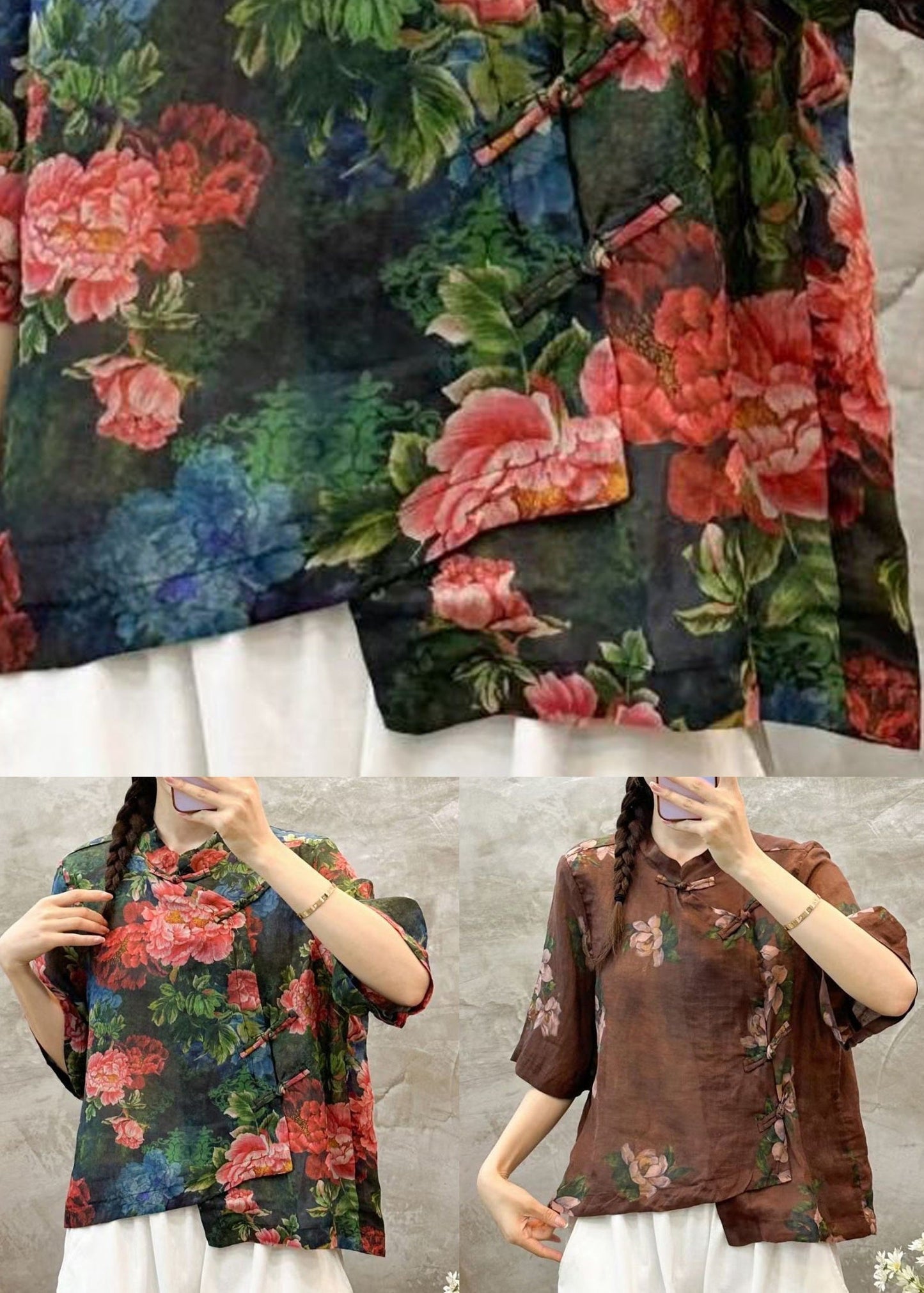 Coffee Button Linen Blouses Stand Collar Half Sleeve Vv005