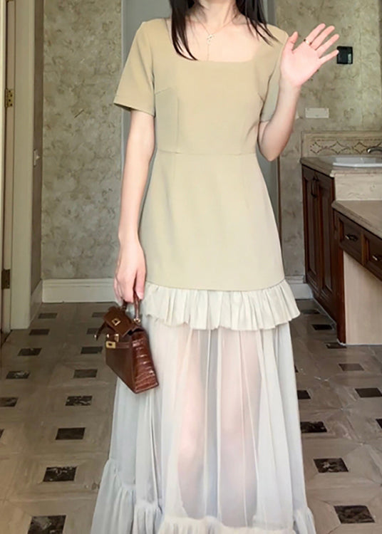 Khaki Square Collar Ruffled Patchwork Cotton Long Dresses Summer Zl066