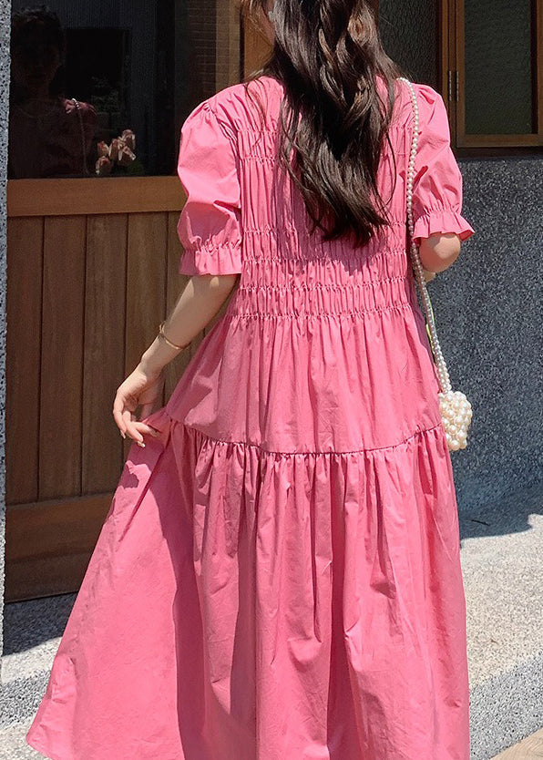 Pink O Neck Puff Sleeve Wrinkled Patchwork Cotton Long Dress Xx034