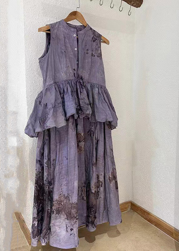 Purple O-neck Ruffled Patchwork Wrinkled Maxi Dresses Summer Uu1057
