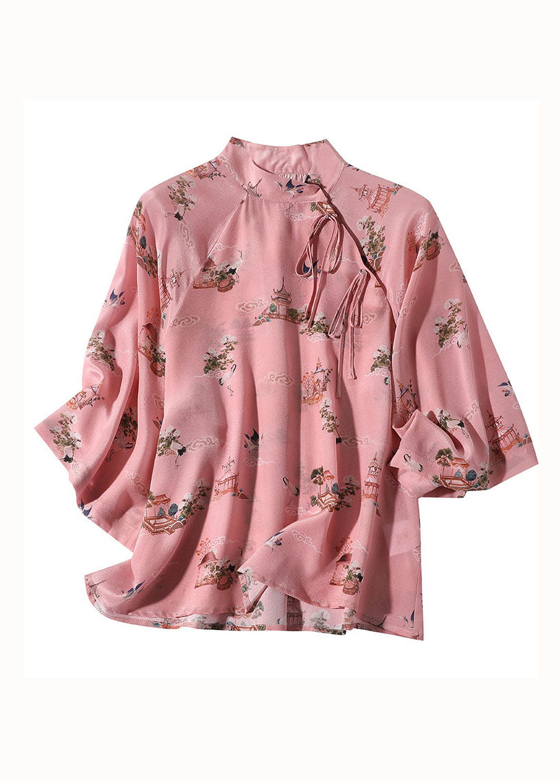 Chinese Style Pink Stand Collar Patchwork Print Silk Blouses Spring Ly0122