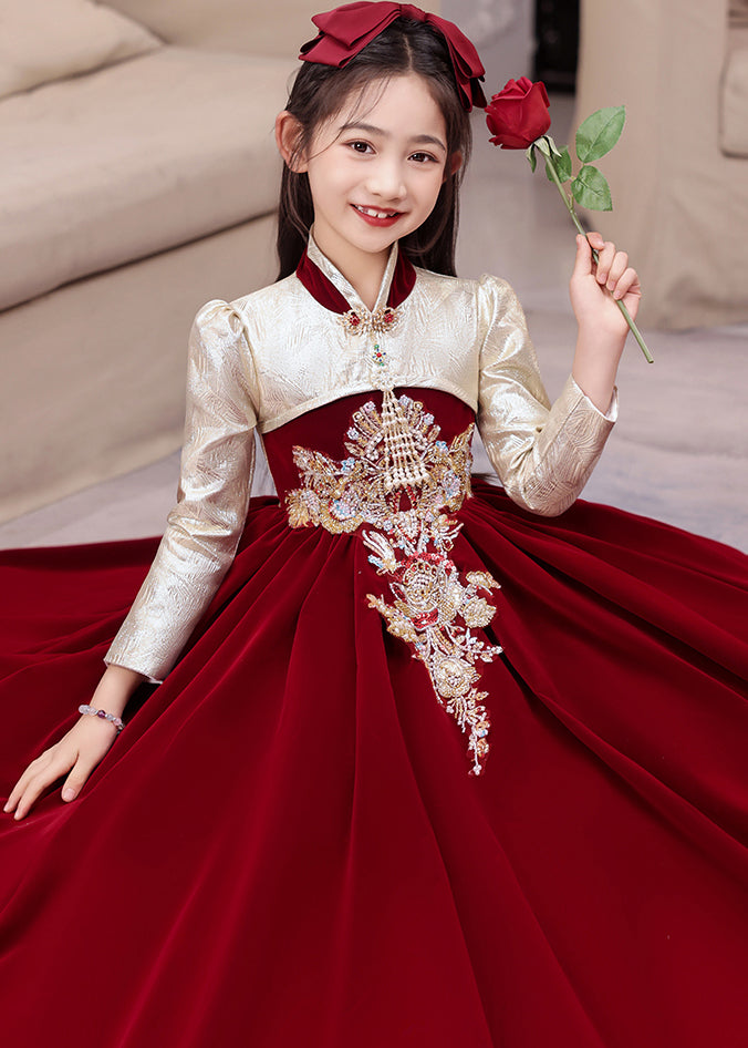 Chinese Style Red Stand Collar Embroideried Silk Velour Kids Long Dress Winter Rp043