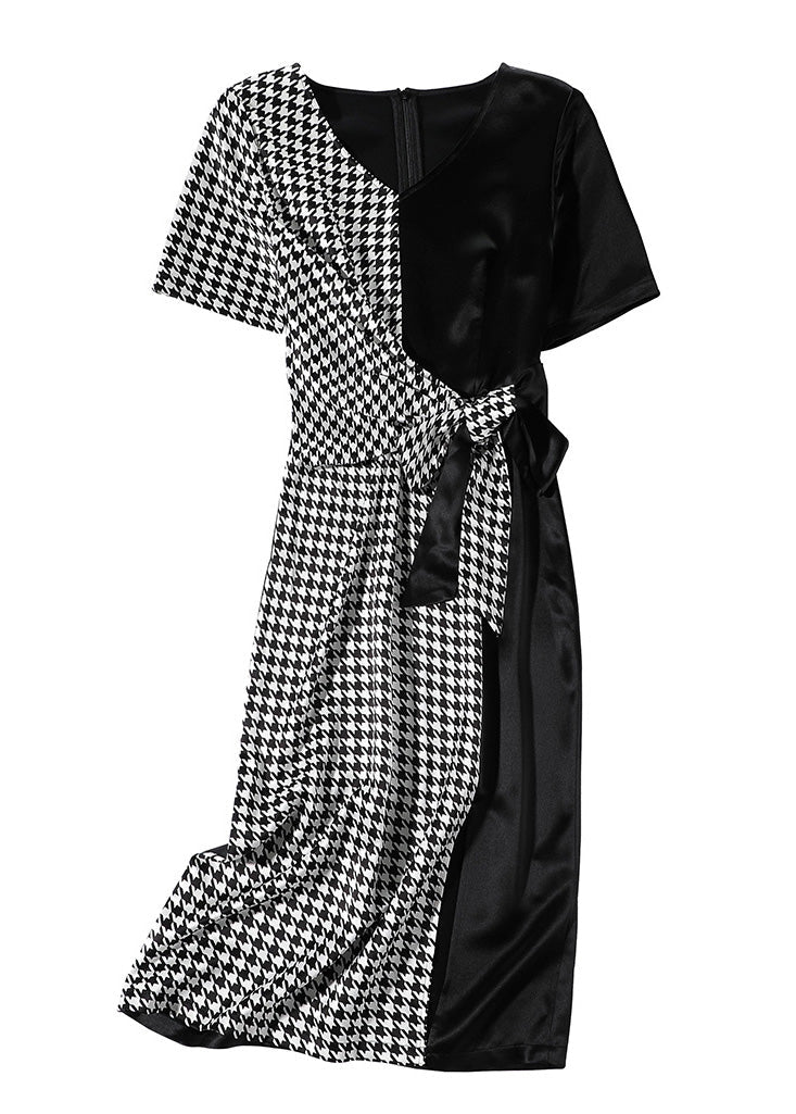 Classy Black V Neck Patchwork Plaid Tie Waist Silk Long Dresses Summer Ly1049