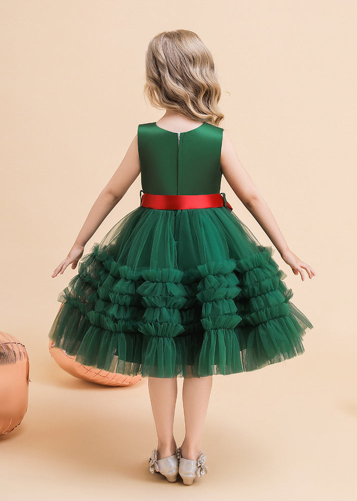 Classy Green V Neck Tie Waist Tulle Long Dresses Summer Rp036